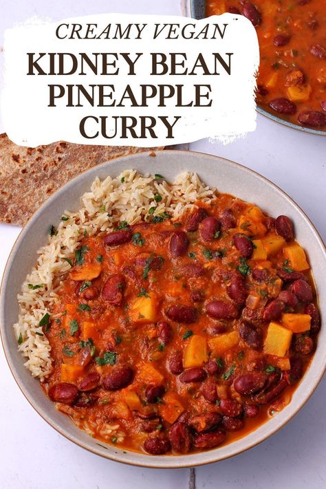 Creamy kidney bean pineapple curry is a quick and easy vegan recipe with Indian curry powder and a luscious coconut pineapple curry sauce. This healthy recipe is made with plant-based ingredients, like high-protein kidney beans and is gluten-free. Make it with fresh, frozen, or canned pineapple. Serve it over cooked rice or with naan or flatbread. This is rajma curry with attitude! If you’re looking for pineapple recipes, this unique dish makes a delicious dinner that takes 40 minutes or less. Pineapple Curry Recipe, Vegan Bean Recipes, Vegan Chicken Salad, Recipes With Kidney Beans, Pineapple Curry, Vegan Bean, Vegan Indian Recipes, Vegan Christmas Recipes, Kidney Bean