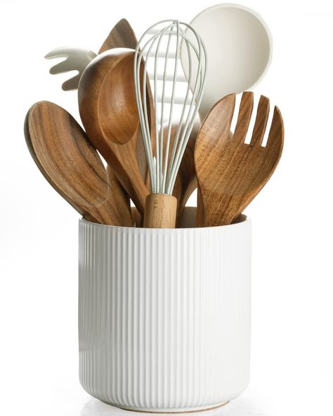 PRICES MAY VARY. [Elegant Kitchen Utensil Holder] Designed with ridged lines on the surface, this utensil holder looks just modern & elegant standing on your kitchen counter, fits into your kitchen well [Smaller Choice Utensil Holder] With a 5.2” width and 5.6” height, 5 to 10 pieces of common utensils can easily go into it, make utensils organized and easy to find, give you a neat and tidy kitchen [Cork Mat at the Bottom] A non-slip cork mat attached at the bottom, protects your kitchen surface Ikea Utensil Holder, Island Accessories Kitchen, White And Bamboo Kitchen Accessories, Kitchen Accessories Colors Schemes, Amazon Wishlist Kitchen, Counter Storage For Utensils, Kitchen Items Target, Kitchen Accessories Modern, Kitchen Island Bench Styling