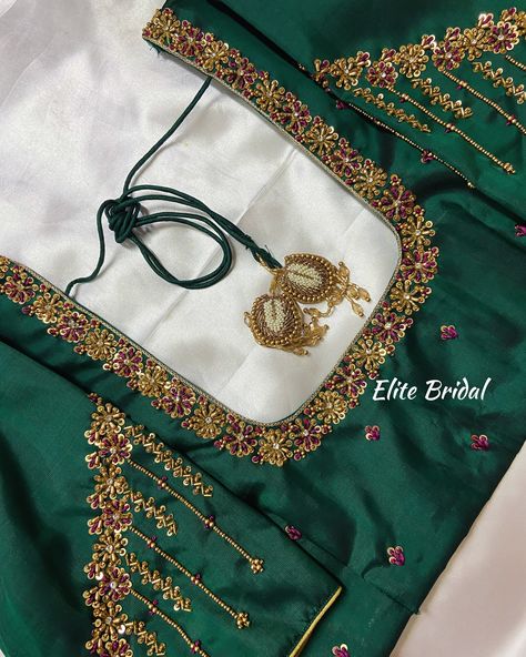 Floral Work Blouse 💚🍃 Aari Work Blouse Designs Latest Simple, Sari Work Blouse Designs, Silk Saree Aari Work Blouse Designs Simple, New Model Maggam Work Blouse Designs, Blouse Designs Work, Blouse Back Neck Designs Latest, Back Neck Blouse Designs, Floral Work Blouse, Ikat Blouse Designs