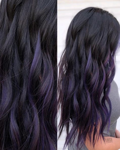 Dark Brown Hair With Hints Of Purple, Black Hair With Purple Extensions, Dark Hair Purple Peekaboo, Dark Hair With Purple Balayage, Half Black Half Purple Hair Underneath, Purple Highlights Black Hair Straight, Black To Purple Balayage, Dark Brown Hair With Purple Tips, Dark Brown Hair With Purple Balayage