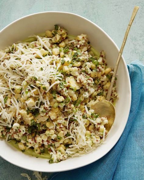 Mexican Corn and Quinoa Salad from www.whatsgabycooking.com (@whatsgabycookin) Sides For Fish Tacos, Corn And Quinoa, Taco Side Dishes, White Quinoa, Whats Gaby Cooking, Side Items, Mexican Corn, Verizon Wireless, Monterey Jack