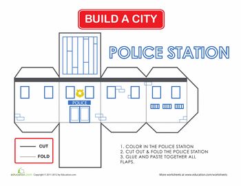 Worksheets: Build a City: Police Station Build A Town Free Printable, Build A City Printable Free, Building Paper Craft, Paper City Printable, Build A City, Paper House Template, House Template, Paper Toys Template, Paper Towns