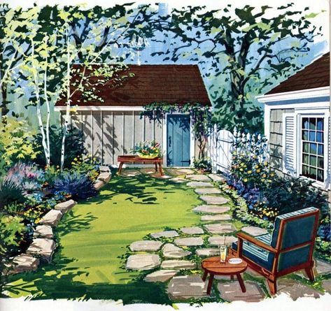 Small gardens & sweet retreats: Clever ideas for secluded outdoor spaces from the 1960s - Click Americana 1960s Landscaping, Mcm Garden, Mid Century Backyard, 1960s Garden, Retro Homes, Diy Outdoor Space, Shady Garden, Backyard Structures, Backyard Diy