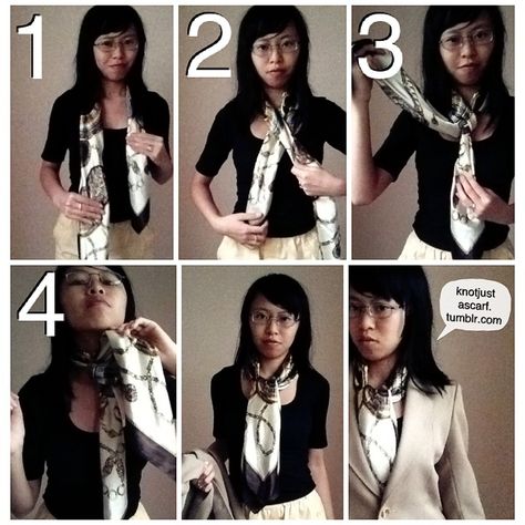 Tutorial #43: I’ve been requested repeatedly for ways for men to tie scarves too. While I have been mainly catering to women, there are quite a few ways, in particular those that are tied around the neck, that are quite suitable for masculine attire. I only make it seem feminine because I dress feminine.Step one, have one end longer than the other. Cross the longer end over the shorter end, bring it under the shorter end, and loop the long end back up and over the knot. Now bring it up and out s Scarf Around Neck, Scarf Tying Tutorial, Short Scarf, Tie Scarves, Wear A Scarf, Vintage Fashion 1950s, Bow Tie Dress, Ways To Wear A Scarf, Leopard Scarf