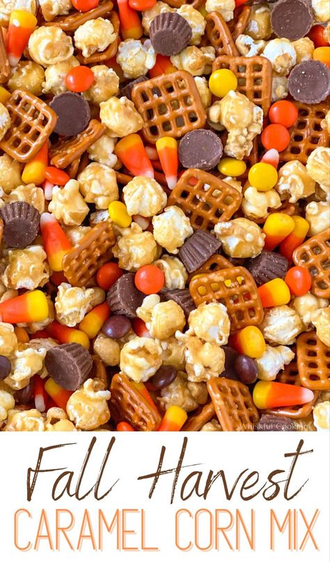 Close up of Fall Harvest Caramel Corn Mix Fall Snack Party Ideas, Fall Harvest Caramel Corn, Candy Corn Peanut Recipe, Scarecrow Crunch Snack, Harvest Caramel Corn Recipe, Snack Mix With Candy Corn, Harvest Chex Mix Candy Corn, Fall Snack Mixes Candy Corn, Fall Snack Mix Treat Bags