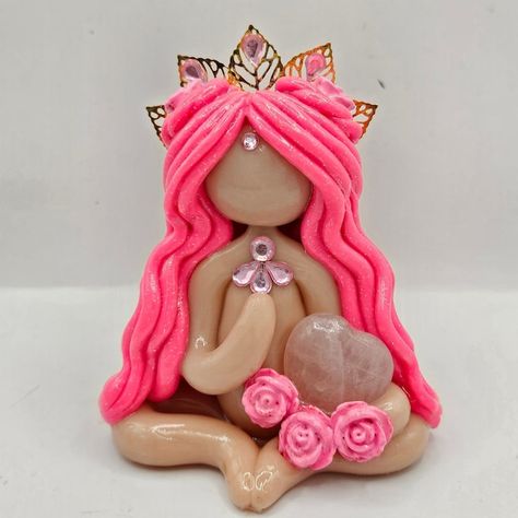 PeleRisingTreasures - Etsy Canada Fantasy Clay, Kylie Pregnant, Clay Goddess, Gold Leaf Crown, Heart Shaped Rose, Holding A Heart, Leaf Crown, Crystal Goddess, Polymer Clay Figures