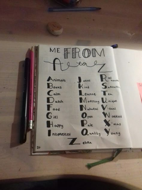 Me from A to Z Follow my insta--> @bujowithducks Me From A To Z Ideas, Doodling My Day, Bullet Journal Goals Layout, Me From A To Z, Dairy Idea, Bullet Journal Topics, Bullet Journal Prompts, Diy Kalender, Bullet Journal Lists