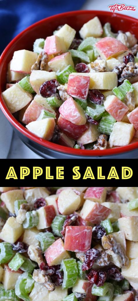 This easy apple salad comes together in about 10 minutes using simple ingredients: apples, walnuts, celery, raisins and mayonnaise or yogurt as a dressing. It's the perfect vegetarian side dish for parties, potlucks, barbecues and and more. Healthy Apple Salad Recipes, Healthy Apple Salad, Apple Salad Recipe Healthy, Easy Apple Salad, Vegetarian Side Dish, Salad Recipes Healthy, Celery Salad, Apple Salad Recipes, Vegetarian Sides