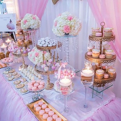 Darling pink & gold dessert table!! By @creative_desserttables using elegant cake stands and cupcake holders by @opulenttreasures #cake #sweets #kidsparties #kidsparty #kidsstylezz #lifestyleblogger #lifestyle #storybookbliss #fashion #fashionblogger Gold Dessert Table, Elegant Cake Stands, Cake Riser, Cupcake Holders, Gold Dessert, Metal Cake Stand, Powdered Donuts, Quince Decorations, Elegant Cake