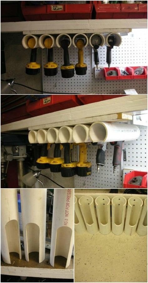 Power Tool Holders -- Finally, a place where all the power tools can be put -- need to find a place for all the battery chargers.... Officine In Garage, Design Interior Modern, Pvc Pipe Projects, Shed Organization, Pvc Projects, Garage Organize, Smart Tiles, Diy Garage Storage, Cabinets Diy