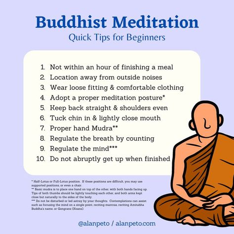 Ready to practice Buddhist meditation but don’t know where to start? Through meditation, one can still the mind which then allows you to focus on developing insight into the truth (Dharma) the Buddha taught. This allows you to become awakened and realize Nirvana, your true natural (and mental!) state. This infographic gives you a very short list of things to remember when practicing meditation in the Ch’an (Zen) tradition as explained by Ven. Master Hsing Yun. Buddhism Philosophy, Buddhism For Beginners, Buddhism Beliefs, Buddha Quotes Life, Vipassana Meditation, Spiritual Psychology, Buddhist Wisdom, Inspirational Quotes For Students, Buddhist Practices