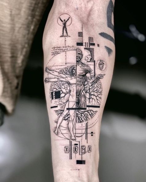 40+ Tattoo Ideas for Men Vitruvian Man Tattoo, Tatouage Fibonacci, Tato Geometris, Fibonacci Tattoo, Full Hand Tattoo, Tato Dengan Makna, Man Tattoo, Torso Tattoos, Full Arm Tattoos