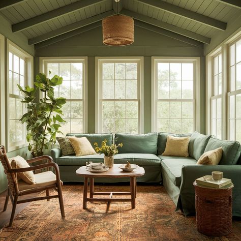 34 Bright Sunroom Decor Ideas - Rhythm of the Home Sunroom Paint Colors Ideas, Living Room Sunken, Painted Sunroom, Indoor Sunroom Furniture Ideas, Dining Room Wood Table, Sunroom Furniture Layout, Centerpieces Dining Table, Indoor Sunroom Furniture, Green Sunroom