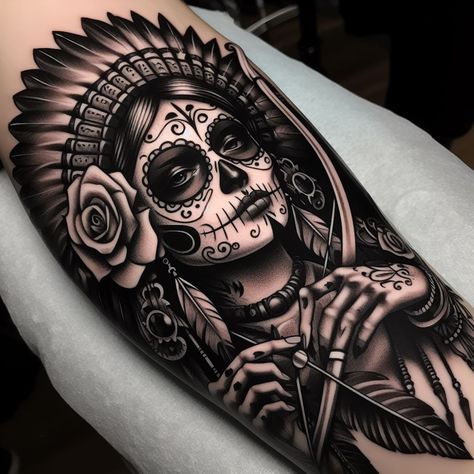 Catrina Apache con arco (IA) Mexican Tattoos For Women, Mariachi Tattoo, La Catrina Tattoo, Clock Tattoo Sleeve, Calavera Tattoo, Day Of The Dead Tattoo, Candy Skull Tattoo, Headdress Tattoo, Cross Drawing