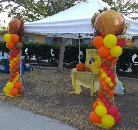 Thanksgiving columns Fall Festival Balloon Columns, Fall Festival Decorations For Church, Turkey Balloon Arch, Thanksgiving Balloon Columns, Fall Festival Balloon Decor, Fall Balloon Columns, Festival Balloon Arch, Thanksgiving Balloon Arch, Thanksgiving Balloon Decorations