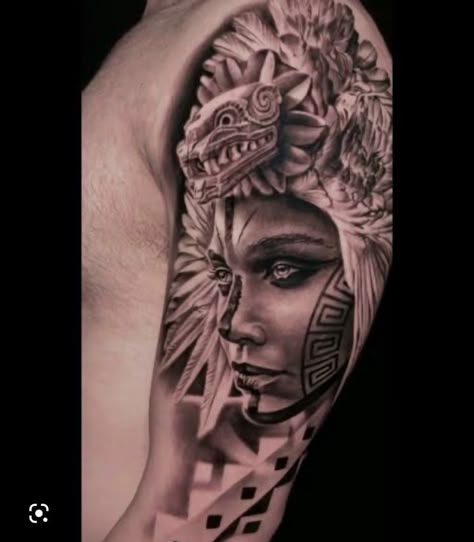 Aztec Warrior Princess Tattoo, Aztec Princess Tattoo Goddesses, Warrior Princess Tattoo, Aztec Warrior Princess, Mexican Heroes, Tattoo Sketch Art, Aztec Sleeve, Aztec Warrior Tattoo, Aztec Tattoos Sleeve