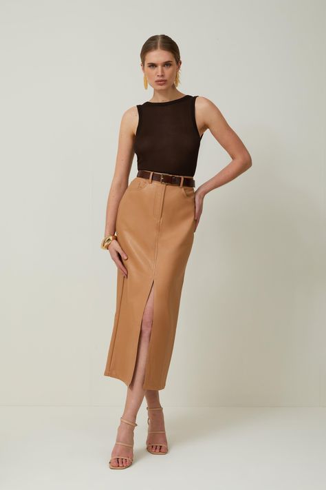 Leather midi skirt outfit