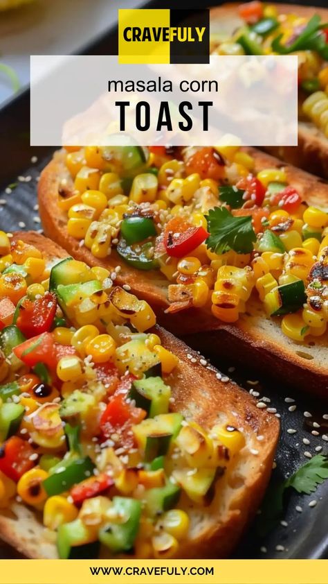 Masala Corn Toast – Cravefuly Masala Corn, Crunchy Snack, Toast Recipes, Green Chilies, Tomato Sauce, Taste Buds, Chutney, Spice Up, Cheddar Cheese