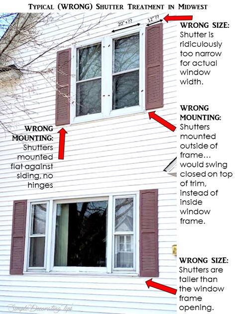 Shutters (do's & don'ts) - SIMPLE DECORATING TIPS Shutters On Shake Siding, 2023 Shutter Trends, Shutters On Siding Exterior, One Shutter Window Exterior, Black House Shutters, Changing Shutters On House, How To Measure For Exterior Shutters, Colonial House Shutters, How To Add Shutters To Your House