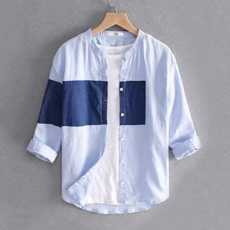 Dropshipping!! Shirt Three-quarter Sleeve Button-Up Summer Stitching Color Lapel Men Shirt for Daily Three Quarter Sleeve Shirt, Stand Collar Shirt, Men Fashion Casual Shirts, Linen Shirt Men, Cool Outfits For Men, Men Shirt, Quarter Sleeve, Three Quarter Sleeves, Mens Fashion Casual