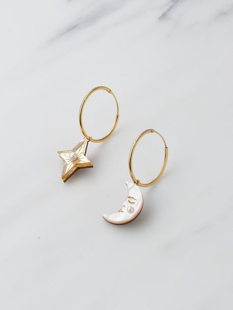 Moon & Star Hoops Wolf And Moon, Gold Filled Hoops, Wolf Moon, Cotton Gifts, Moon Jewelry, Diamonds And Gold, Moon Star, Moon Earrings, Gorgeous Jewelry