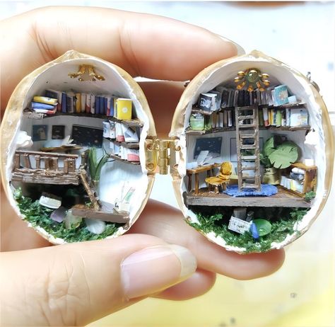 PRICES MAY VARY. Experience the magic of a tiny world inside a walnut shell with this handmade miniature scene DIY kit. This dollhouse-tiny library is made from natural materials like clay and wood, with a dark brown, sturdy shell and a natural fragrance. This charming 3D Handicrafts is perfect for imaginative play, and makes a great gift for birthdays, Valentine's Day, or any occasion. Crafted from resin and walnut shells, this tiny house is a delightful addition to any dollhouse or miniature c Walnut Miniatures, Mini Bookstore, Fairy Miniatures, Walnut Shell Crafts, Micro Art, Cottage Diy, Shell House, Packaging Diy, Walnut Shell