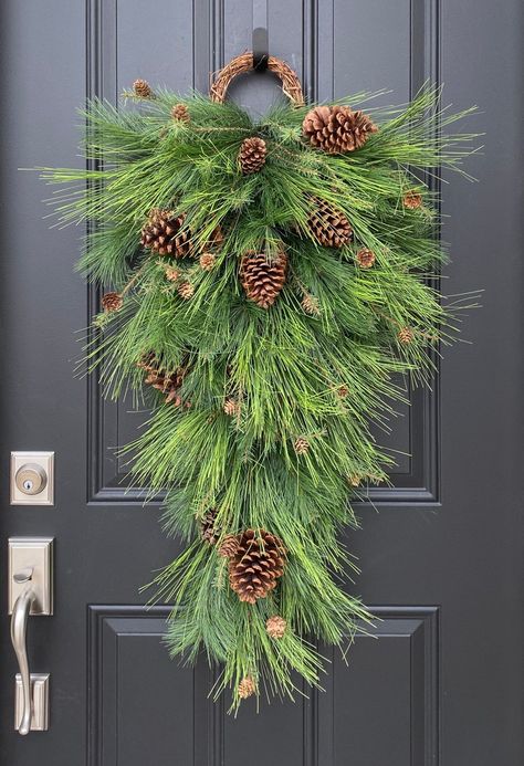 Christmas Teardrop Swag With Pine and Pinecones Holiday - Etsy Teardrop Christmas Swag, Christmas Teardrop Wreath, Christmas Swags For Front Door, Christmas Swags Ideas, Hanging Christmas Decorations, Pine Swag, Unique Christmas Decor, Christmas Door Decor, Holiday Swag