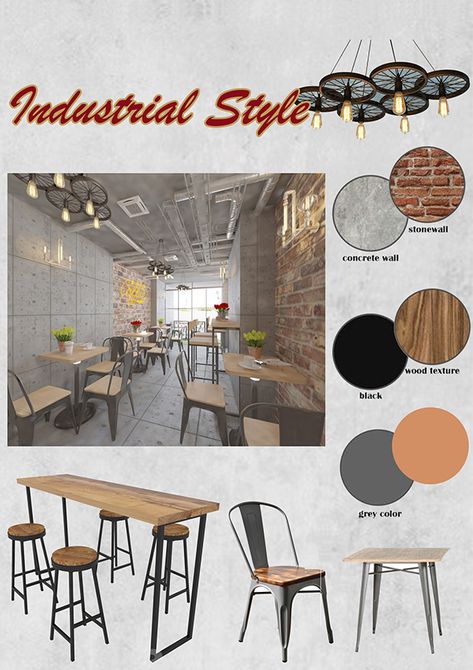 industrial style moodboard Industrial Modern Restaurant Design, Industrial Style Cafe Interior, Industrial Cafe Design Interiors, Industrial Restaurant Design Interiors, Industrial Cafe Interior Design Rustic, Industrial Style Restaurant Design, Modern Industrial Restaurant Design, Industrial Restaurant Design Rustic, Coffee Shop Industrial Design