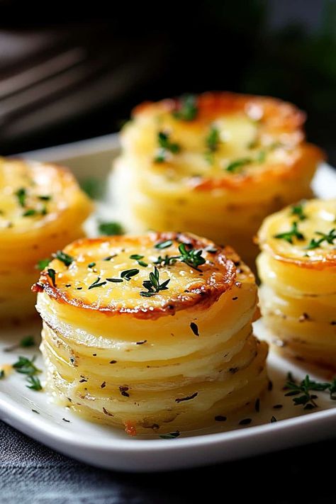 A plate of Mini Stacked Potato Gratins With Cheese, garnished with fresh thyme, displaying the beautifully golden, crisp tops and perfectly stacked potato layers.