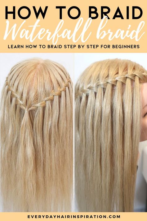 How to waterfall braid for beginners How Do You Do A Waterfall Braid, Cascade Braid Tutorial, French Waterfall Braid, Easy Waterfall Braid For Beginners, Twisted Waterfall Braid, How To Waterfall Braid Step By Step, Diy Braid Hairstyles, Braided Hairstyles For Thick Hair, How To Do A Waterfall Braid