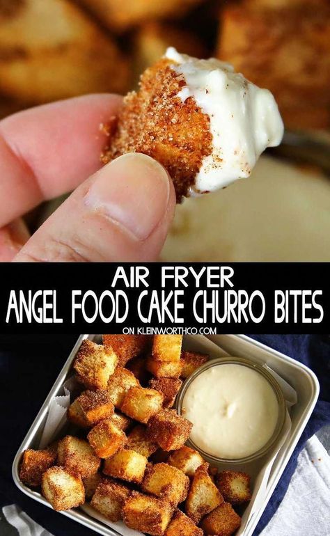 Air Fryer Angel Food Cake Churro Bites made from soft & chewy angel food cake & smothered in cinnamon & sugar. Tastes just like your favorite churros. Churro Bites, Air Fryer Recipes Appetizers, Air Fryer Recipes Breakfast, Air Fryer Recipes Dessert, Air Fried Food, Air Fryer Oven Recipes, Air Fry Recipes, Weight Watchers Desserts, Air Fryer Dinner Recipes