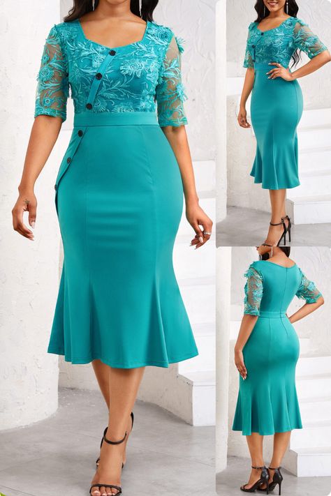 This mermaid square neck half sleeve turquoise bodycon dress is a stylish and elegant outfit perfect for a party or a wedding guest. The dress features a square neck, half sleeves, and a midi length. It is made of a soft and comfortable fabric that is perfect for summer. The dress is form-fitting and hugs the body, creating a flattering silhouette. #mermaiddress #turquoisedress #bodycondress #squareneckdress #halfsleevedress #mididress #lacedress #elegantdress #partydress #weddingguestdress Lace Dress Classy, Dinner Dress Classy, African Wear Dresses, Stylish Work Attire, Classy Dress Outfits, Wedding Guest Dresses, Half Sleeve Dresses, Short Hairstyle, Latest African Fashion Dresses