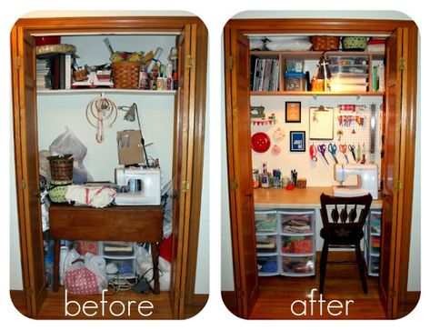 Sewing Closet, Closet Revamp, Sewing Nook, Sewing Area, Closet Redo, Office Closet, Craft Closet, Sewing Room Storage, Sewing Spaces