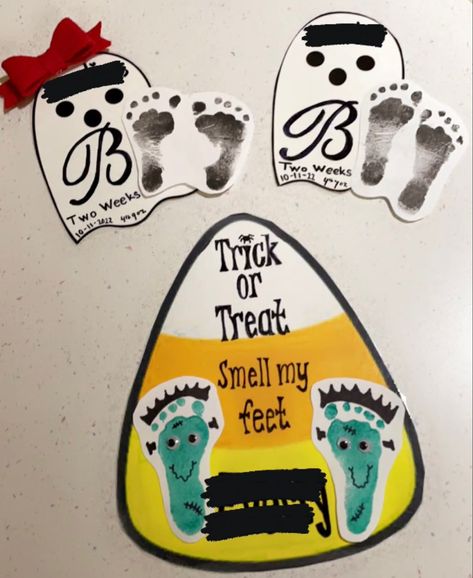 Nicu Halloween Footprints, Letter M Footprint Craft, Nicu Crafts Halloween, Nicu Crafts Ideas Footprints, Infant Crafts For October, Nicu Due Date Craft, Halloween Nicu Crafts, Nicu Crafts Foot Prints, Fall Nicu Crafts