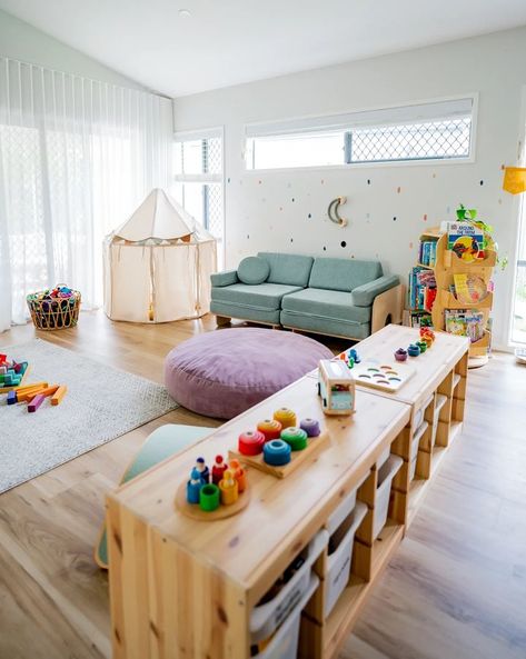 learning through play, playroom inspo, play ideas (@gemma.leigh.r) on Instagram Lounge Room Play Area, Upstairs Landing Playroom, Nugget Couch Family Room, Bright Color Playroom, Learning Playroom Ideas, Trofast Play Table, Toddler Bedroom Playroom Combo, Playroom Sitting Room Combo, Homeschool And Playroom Ideas