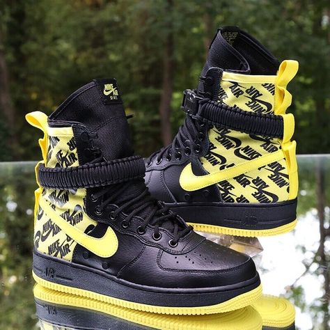 Nike SF Air Force 1 High Men’s Size 8 Dynamic Yellow Black AR1955-001 Background Nike, Nike Sf Air Force 1, Nike Sf, Nike Shoes Air Force, Shoe Designs, Air Force 1 High, Modern Shoes, High Sneakers, Sneaker Collection