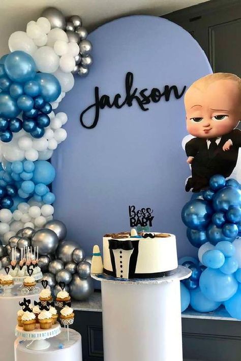 Boy Bday Decoration Ideas, Boss Baby Birthday Backdrop, Baby Boys Birthday Themes, Bossbaby Theme Party, Baby Bday Decoration Ideas, 1 St Birthday Ideas, 2 Nd Birthday Decoration Ideas, Theme For 1st Birthday Boy, Baby Boss Theme Party Ideas