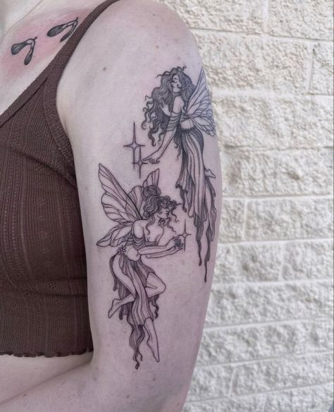 Fairy Sleeve Tattoo, Fairy Tattoo Ideas, Faerie Tattoo, Pixie Tattoo, Whimsical Tattoos, Tattoos To Cover Scars, Fairy Tattoo Designs, Theme Tattoo, Whimsical Fairy