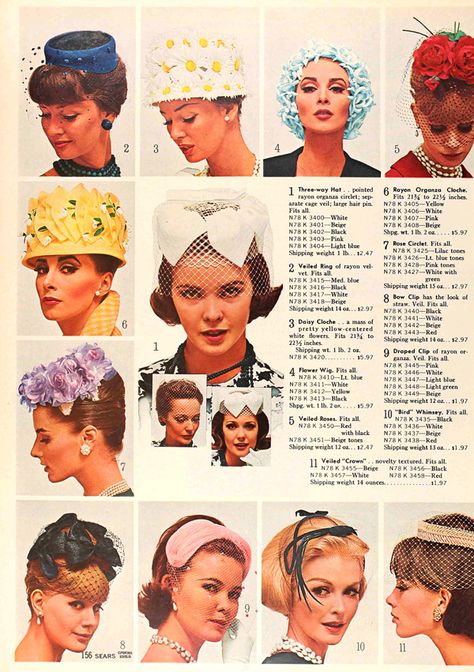 Sears 1964 Spring/Summer Catalog | Flickr - Photo Sharing! Cabelo Pin Up, 1960s Hats, Popular Hats, Veiled Hats, Sears Catalog, Fashion 1960s, Vintage Millinery, Retro Mode, Old Fashion