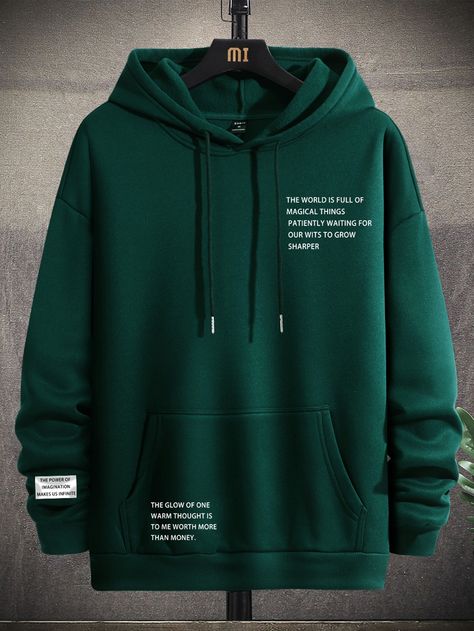 Dark Green Casual Collar Long Sleeve Fabric Slogan Pullovers Embellished Slight Stretch  Men Hoodies & Sweatshirts Green Hoodie Men, Hype Clothing, Stylish Hoodies, Trendy Hoodies, Basic Hoodie, Mens Casual Dress Outfits, Men Stylish Dress, Mens Casual Dress, Men Fashion Casual Outfits