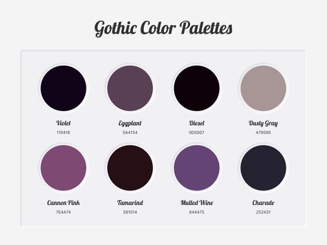 Gothic Color Palettes designed by ColorscoutsColor PalettesConnect with them on Dribbblethe global community for designers and creative professionals. Gothic Colors Palette, Black Hair Pallete Color, Vampire Skin Color Palette, Gothic Palette Color, Goth Aesthetic Color Palette, Villian Color Pallet, Gothic Pallete Color, Wednesday Addams Color Palette, Gothic Color Pallete