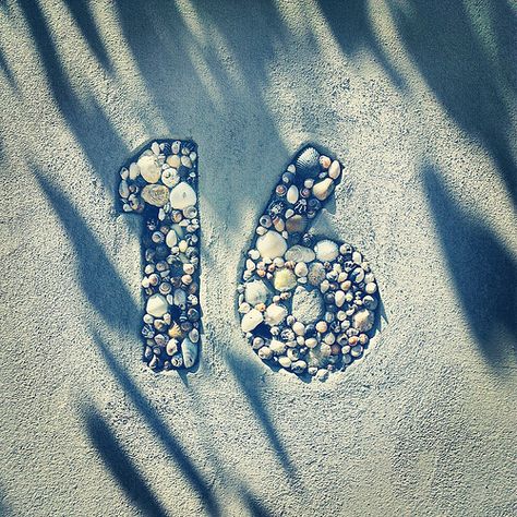 lovely mosaic number 16 16 Aesthetic Number, Beach Countdown, Ibiza House, 16 Aesthetic, 16 Number, Champagne Birthday, Number 16, Pebble Mosaic, Sweet 16 Birthday Party