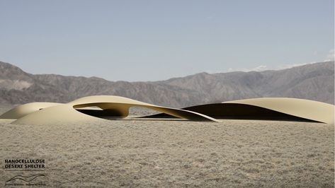 The Nanocellulose Desert Shelter is a modern sustainable solution for a desert nomad encampment, which is inspired by sand dune morphology. The Israeli pavilion shows how new technologies and using natural sources in architecture can influence architecture and help people who lack access to water and electricity. Desert Architecture Concept, Desert Shelter, Desert Pavilion, Dune Architecture, Cantilever Architecture, Memorial Architecture, Desert Architecture, Saadiyat Island, Desert Nomad