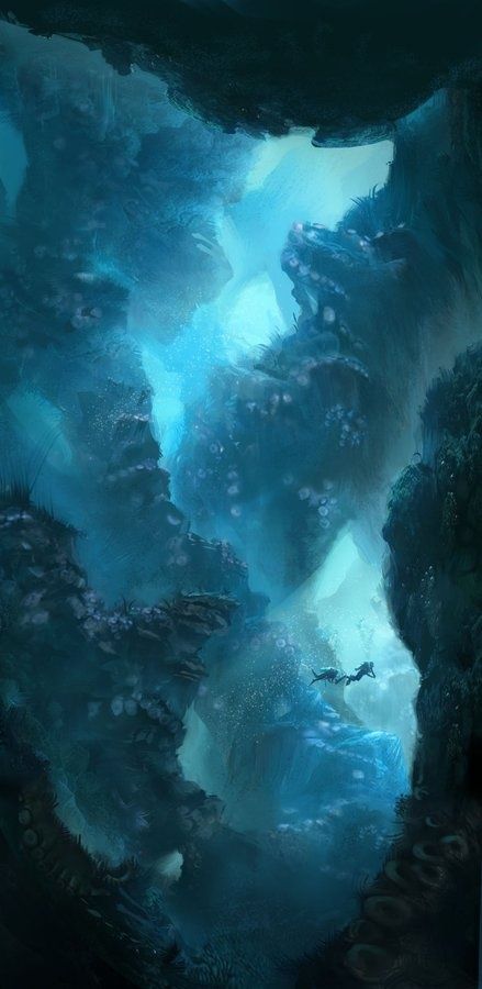 Creative Illustration, Painting, Clara, Moon, and Ocean image ideas & inspiration on Designspiration Concept Art Gallery, Underwater Caves, Underwater City, Underwater Scene, Fantasy Places, Matte Painting, Arte Fantasy, 판타지 아트, Environment Design