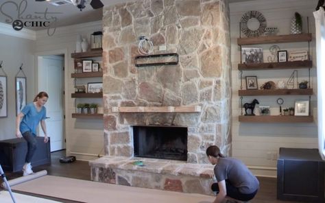 German Schmear Stone Exterior, German Schmear Stone, Fireplace Revamp, Update Fireplace, Fireplace Updates, Whitewash Stone Fireplace, Fireplace Facelift, German Schmear, Rustic Stone Fireplace