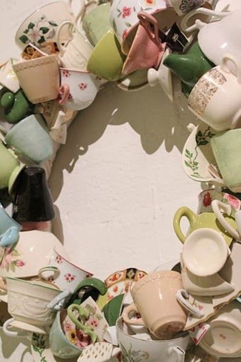 Repurposing or Reusing Broken Dishes Teacup Wreath, Teacup Crafts, Mismatched China, Mug Crafts, Tea Cups And Saucers, Art Mosaic, Cup Crafts, Sun Shine, Wreath Forms