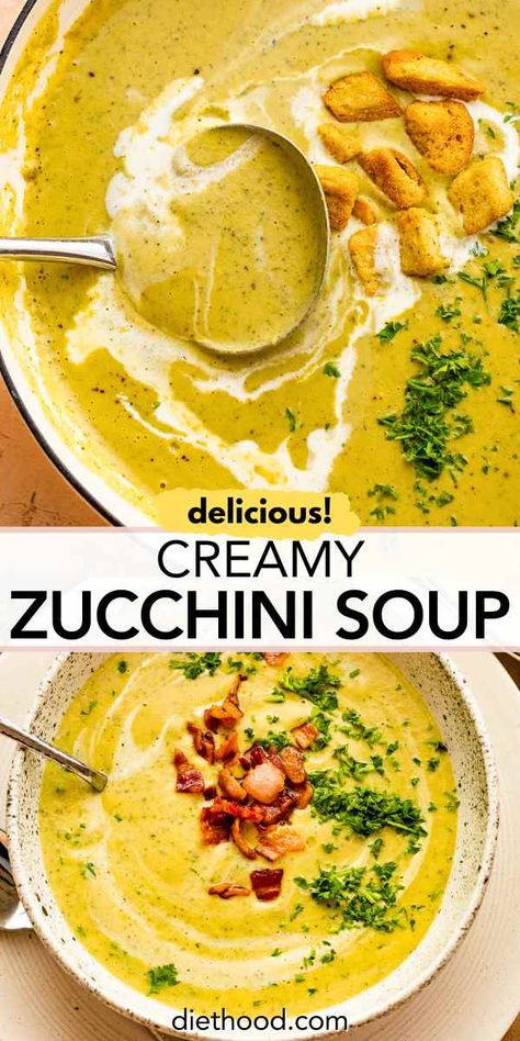 This hearty and delicious cream of zucchini soup is made with roasted zucchini, onions, and garlic, then blended with rich cream to create a velvety texture. It’s so flavorful and it's perfect for a cozy meal that will have you coming back for seconds. Cream Zucchini Soup, Zucchini Parmesan Soup, Creamy Veggie Soup Recipes, Healthy Cream Soup, No Cream Soup Recipes, Lemony Artichoke Soup, Roasted Zucchini Soup, Summer Zucchini Soup, Cream Of Zucchini Soup Recipes