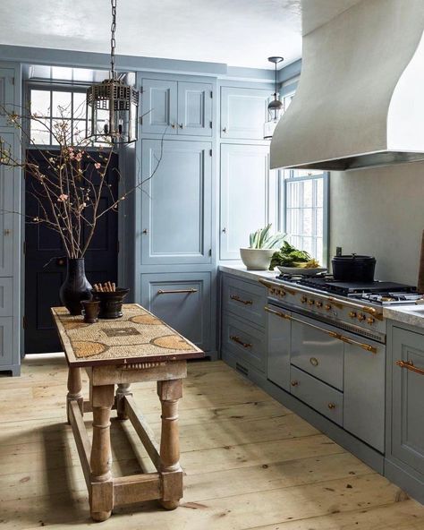 Modern Colonial Home, Steven Gambrel, Modern Colonial, Cottages And Bungalows, Blue Cabinets, Elegant Interiors, Industrial Chic, Dream Kitchen, A Kitchen