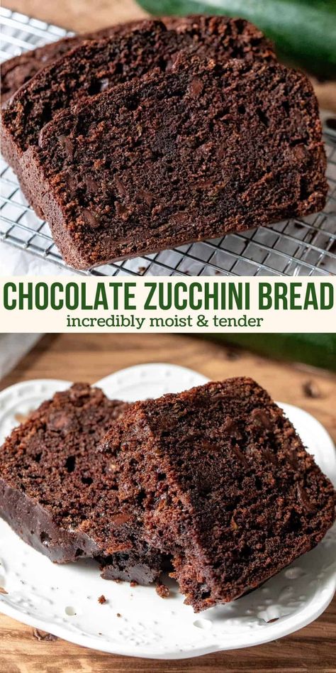 Chocolate zucchini bread that’s incredibly moist, not too sweet, and packed with chocolate chips. The grated zucchini dissolves as it bakes - leaving you with a delicious chocolate loaf that's incredibly tender. Perfect for your fresh garden zucchini! #zucchini #zucchinibread #chocolatezucchini #chocolateloaf #zucchiniloaf from Just So Tasty Choc Zucchini Bread, Pudding Zucchini Bread, Greek Yogurt Zucchini Bread, Chocolate Zucchini Loaf, Moist Zucchini Bread, Zucchini Loaf, Zucchini Recipes Dessert, Zucchini Chocolate, Best Zucchini Bread