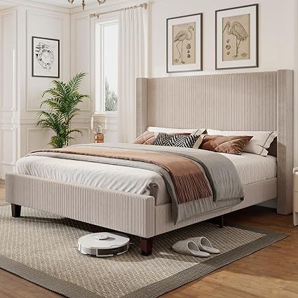 Amazon.com: YUMPIE Queen Size Upholstered Platform Bed Frame, 50.8" Corduroy Bed Frame with Wingback Headboard Vertical Tufted, Solid Wood Legs, No Box Spring Needed, Taupe : Home & Kitchen Taupe Bed Frame, Grey Upholstered Bed Decor, Amazon Bed Frame, Large Master Bedrooms Decor, Modern King Bed Frame, Bedroom Setup Ideas, Beige Bed Frame, Tall Bed Frame, Modern King Bed